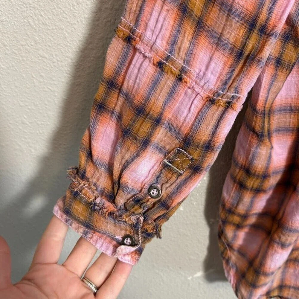 We The Free People One of the Boys Plaid Tunic Shirt S Pink Orange Boxy Popover - Picture 6 of 10